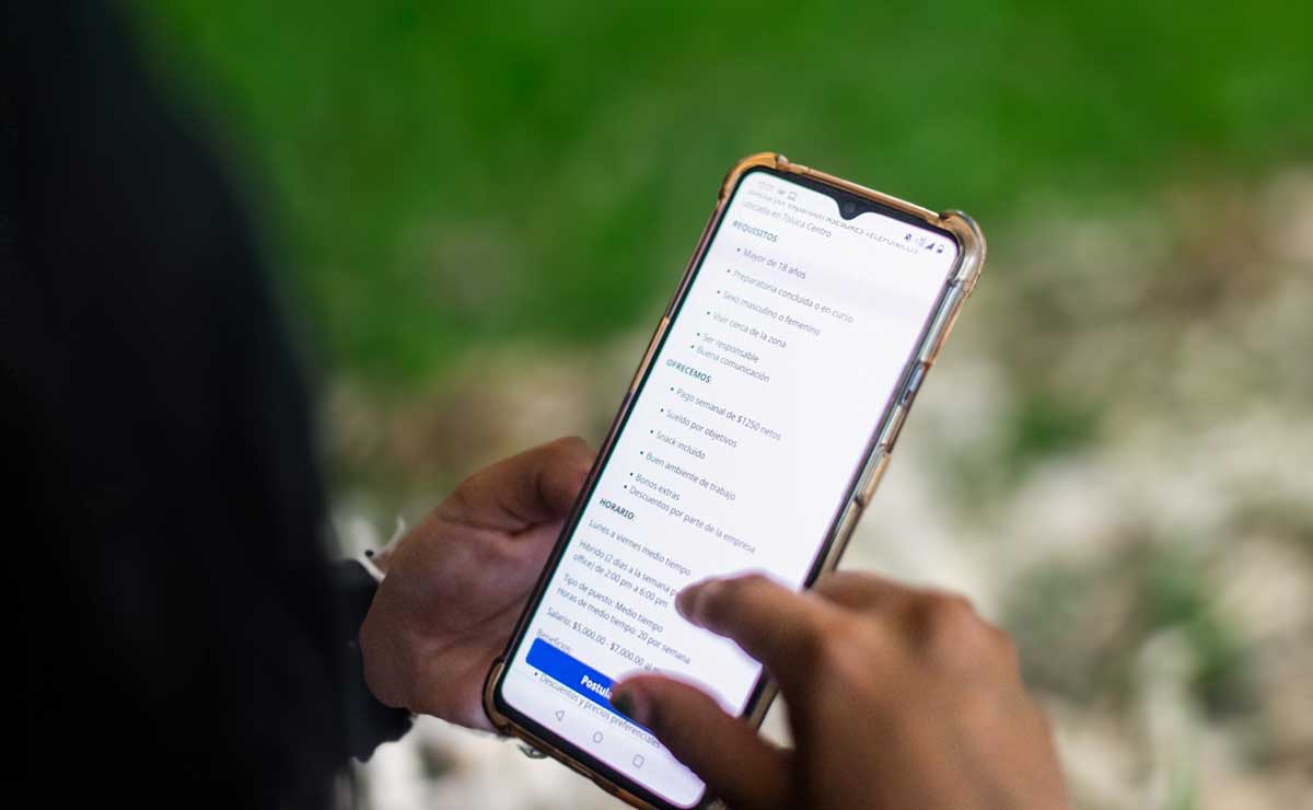 Celular en manos con pasto de fondo
