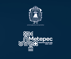 Logo of the Ayuntamiento de Metepec with the inscription 'Meteppec Estamos en la ruta 2023-2027' on a dark background.