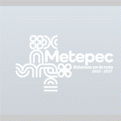 Logo de Metepec con el texto 'Estamos en la ruta 2023-2027' en un diseño minimalista