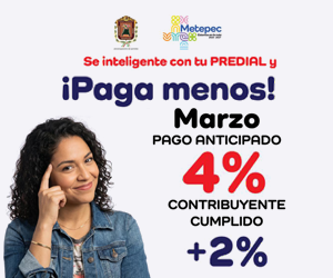 Anuncio sobre el pago anticipado del Predial en Marzo, con un descuento del 4% para contribuyentes cumplidos, presentado con una mujer sonriendo.