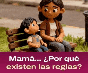 Una madre sentada en un banco conversando con su hijo pequeño, ambos son personajes animados de arcilla. El hijo pregunta: '¿Por qué existen las reglas?'.