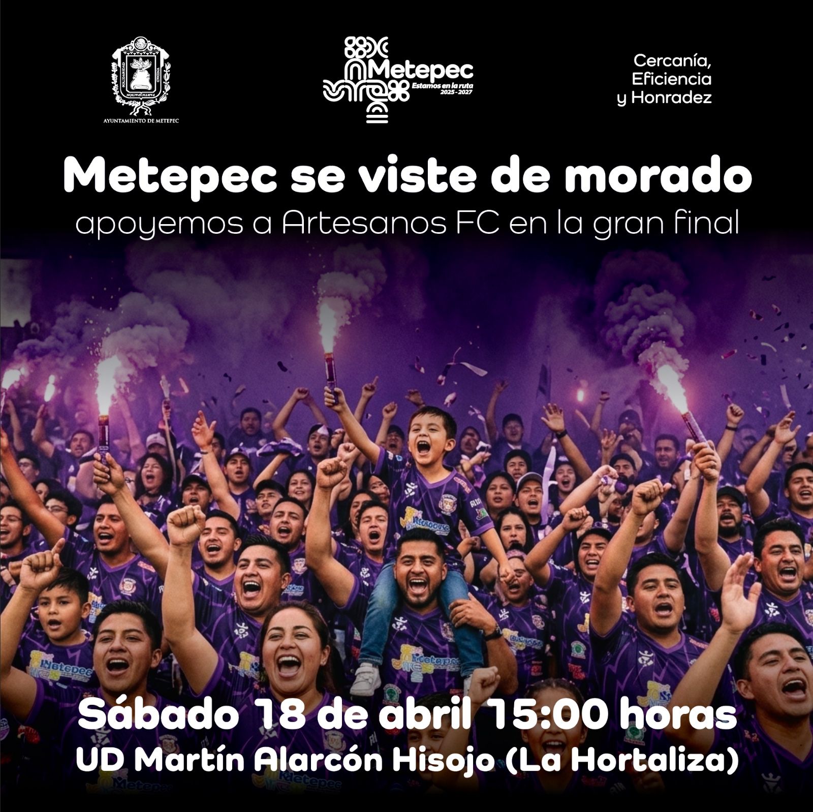 Aficionados de Artesanos FC celebrando en un ambiente festivo, vistiendo camisetas moradas y sosteniendo bengalas, con un cartel que anuncia la gran final el 18 de abril.