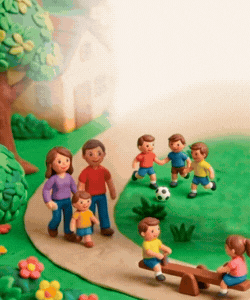 Figuras de plastilina representando una familia y niños jugando en un parque. Hay un camino, un árbol, y una casa de fondo.
