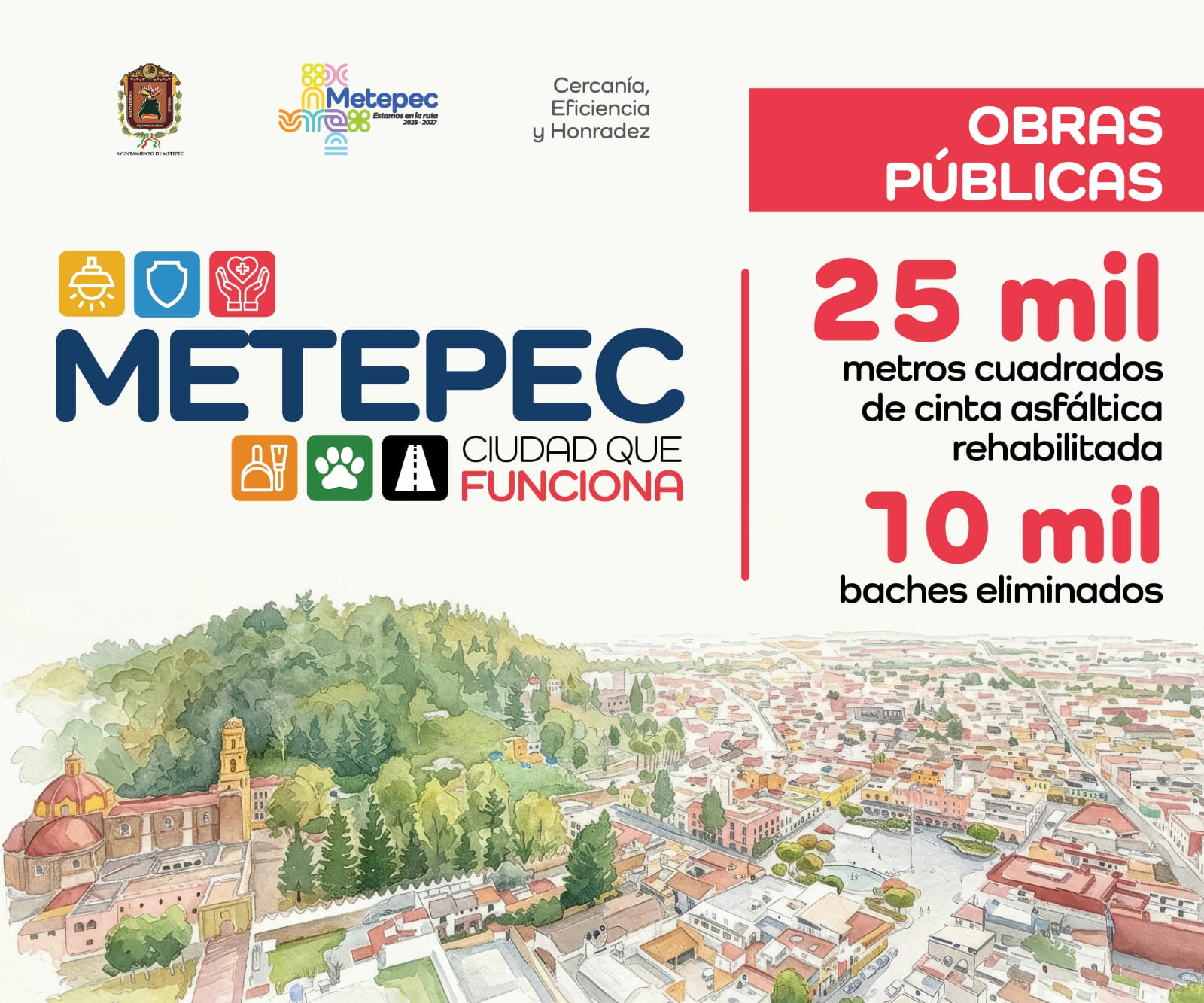 Imagen informativa sobre obras públicas en Metepec, destacando 25 mil metros cuadrados de cinta asfáltica rehabilitada y la eliminación de 10 mil baches.