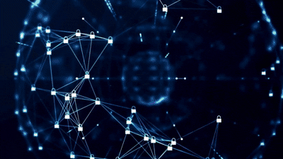 Animación que muestra una red de conexiones digitales con íconos de candados, simbolizando la seguridad de datos en un entorno digital.