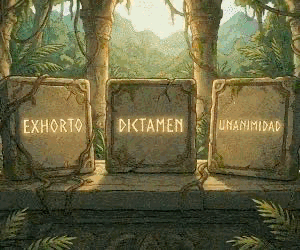 Tres bloques de piedra con inscripciones en latín: 'EXHORTO', 'DICTAMEN' y 'UNANIMIDAD', rodeados de vegetación en un paisaje natural.