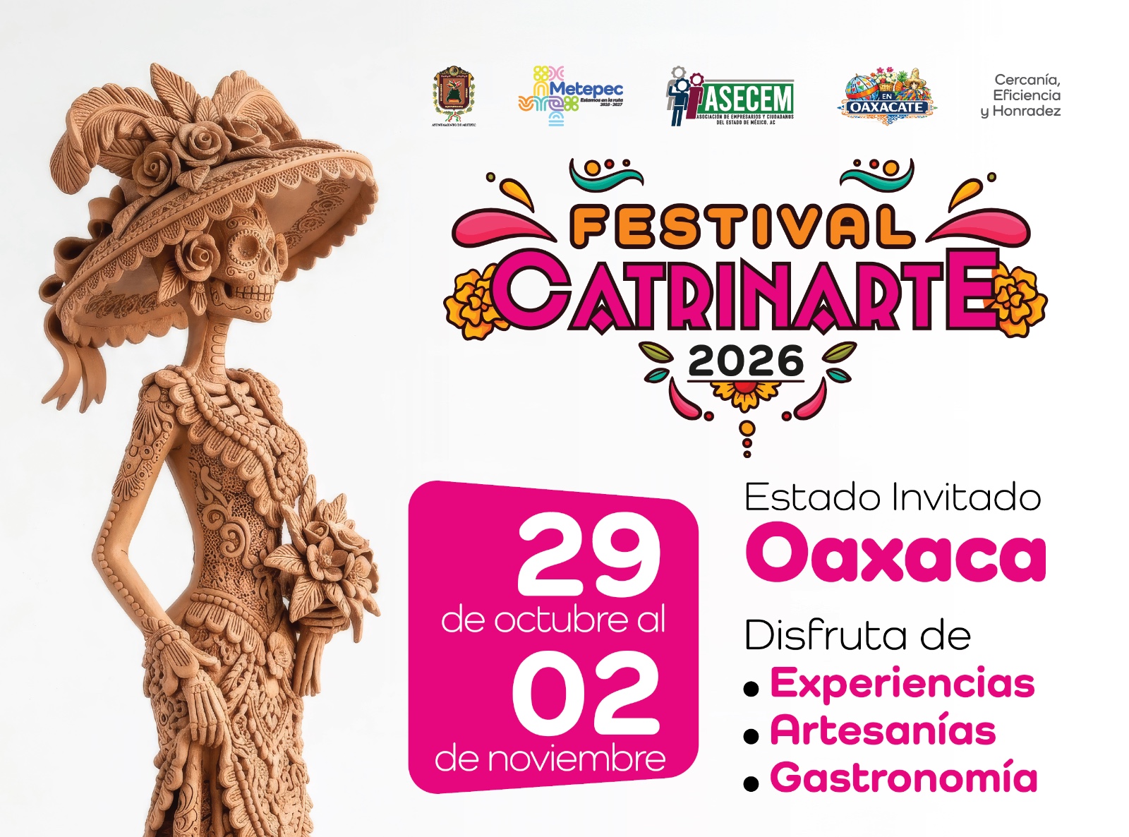 Escultura de una calavera mexicana, adornada con flores y un sombrero, promoviendo el Festival Catrinarte 2026 en Metepco. Fechas: 29 de octubre al 2 de noviembre, Estado Invitado: Oaxaca.